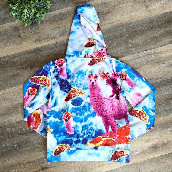 SOLD Pink Laser Kitty Llama Unicorn Pizza Taco Burrito Hoodie Size Youth Medi… - Picture 2 of 11